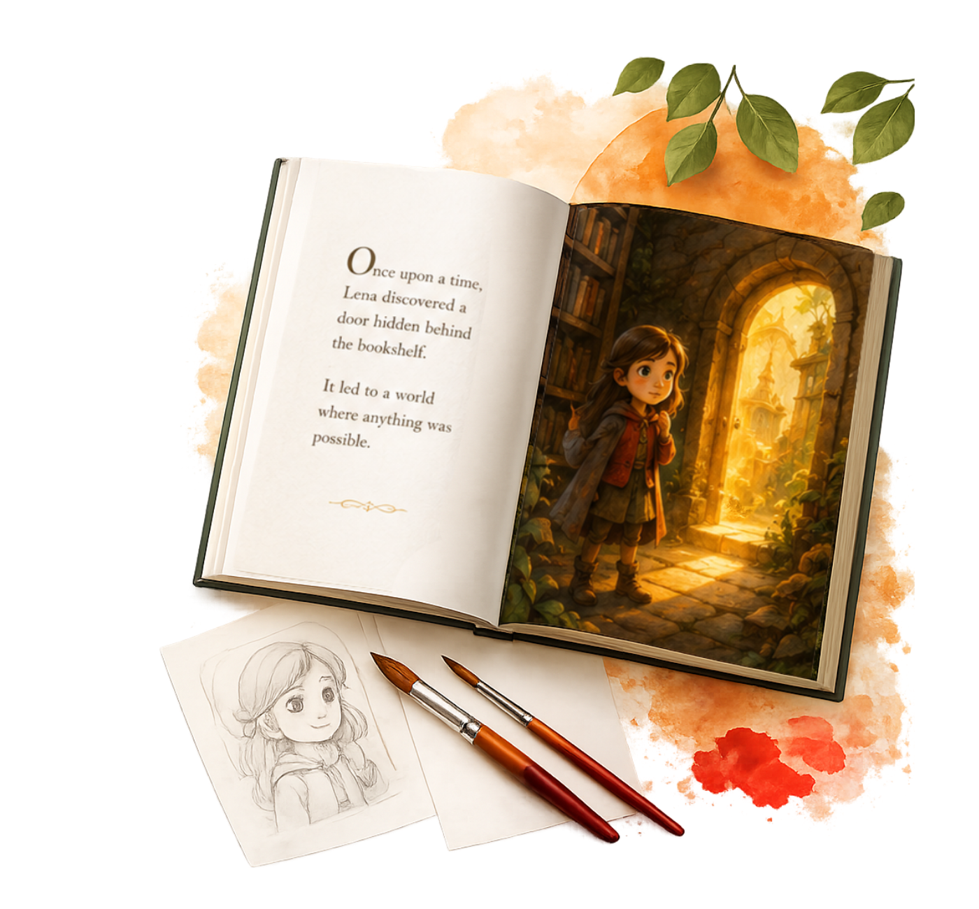 An open illustrated storybook beside paintbrushes and a pencil sketch